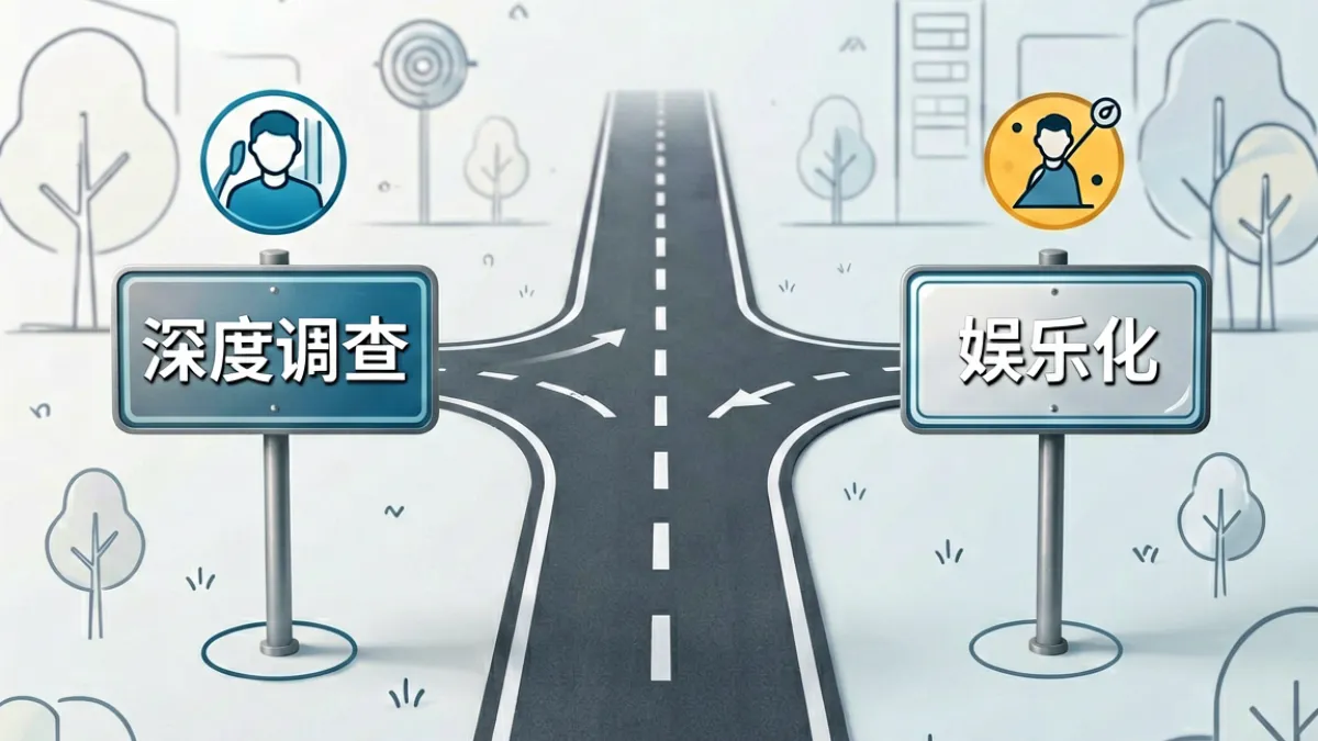 黑料社区未来发展方向示意图，左侧深度调查路线与右侧娱乐化短视频路线的对比分叉